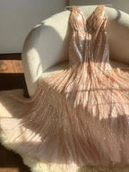 Shiny Princess Pink V-Neck Sequined Backless Mermaid Long Prom Dresses