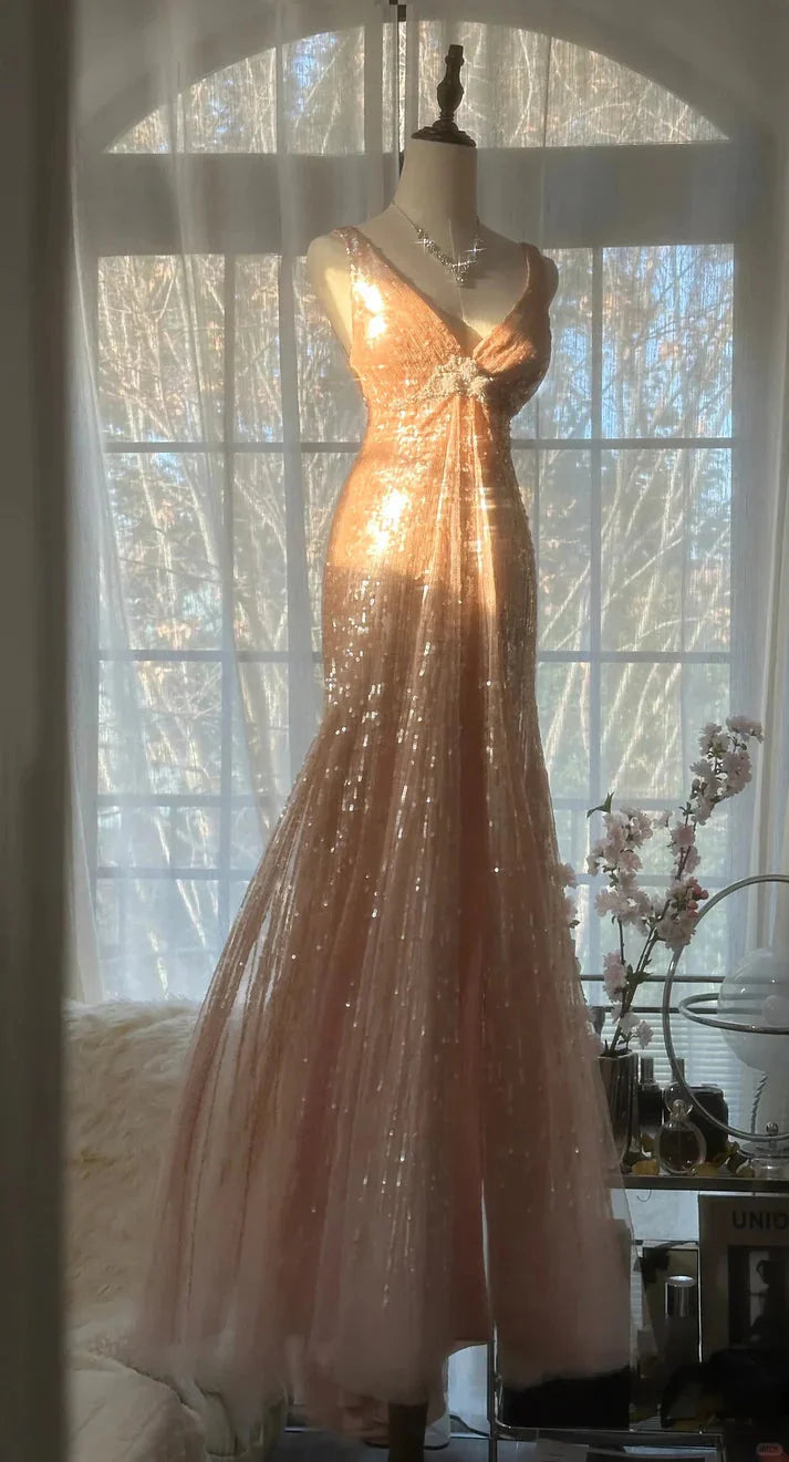 Shiny Princess Pink V-Neck Sequined Backless Mermaid Long Prom Dresses Main image