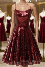 Shiny Sequins Backless Burgundy Short Prom Dresses, Backless Burgundy Homecoming Dresses, Burgundy Formal Evening Dresses