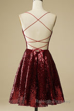 Shiny Sequins Backless Burgundy Short Prom Dresses, Backless Burgundy Homecoming Dresses, Burgundy Formal Evening Dresses