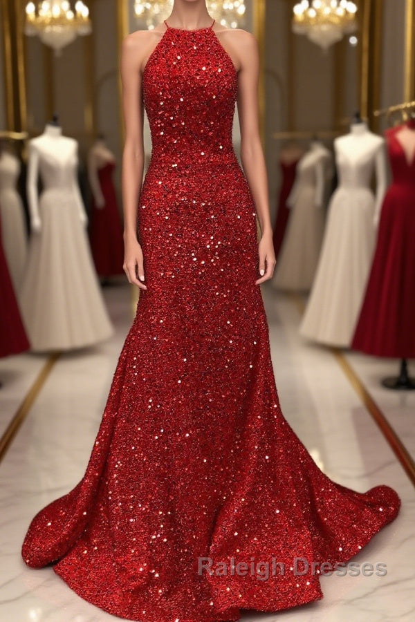 Shiny Sequins Backless Mermaid Red Long Prom Dresses, Mermaid Red Formal Dresses, Backless Red Evening Dresses Main image
