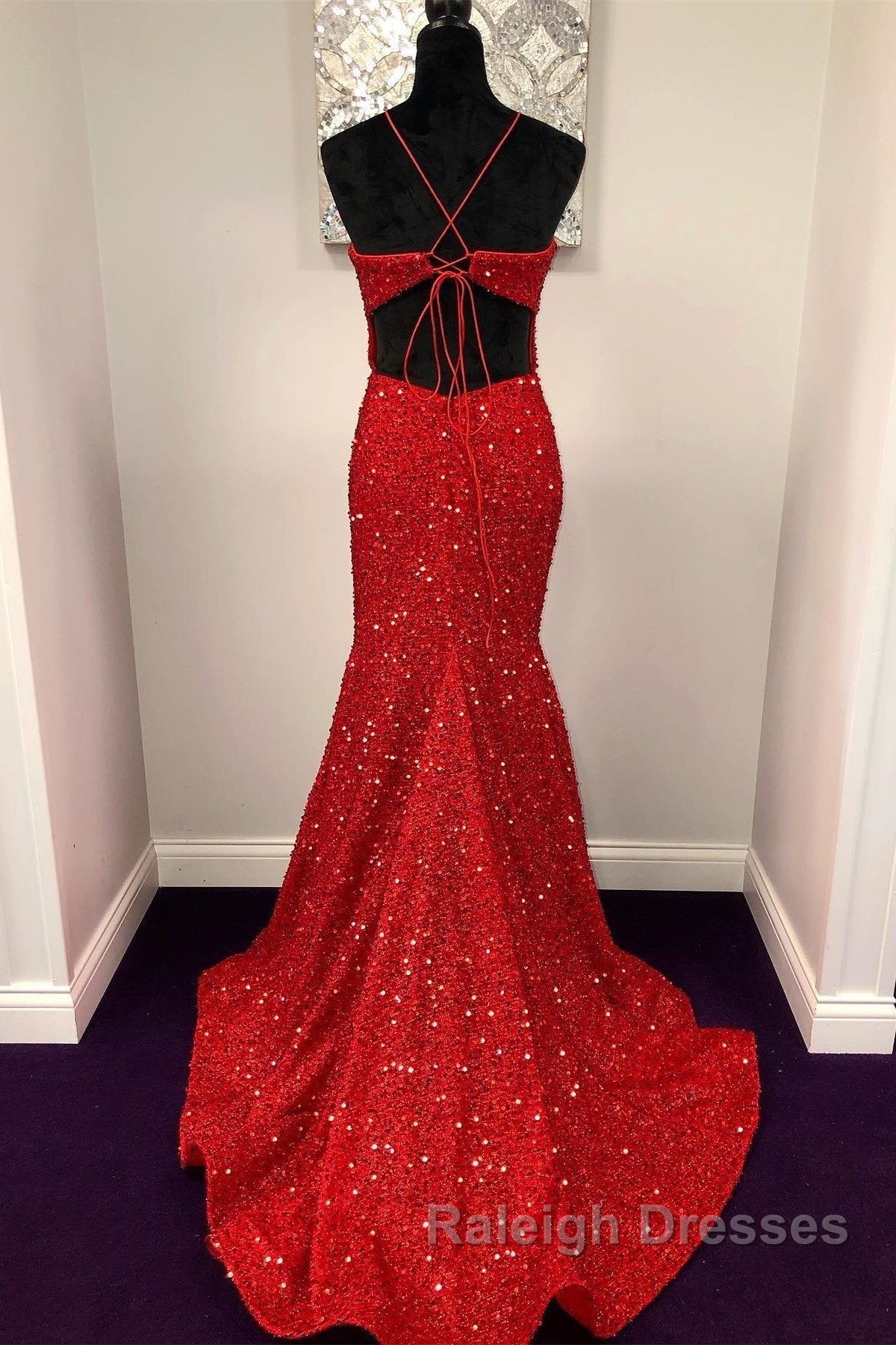 Shiny Sequins Backless Mermaid Red Long Prom Dresses, Mermaid Red Formal Dresses, Backless Red Evening Dresses Secondary image