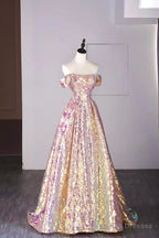 Shiny Sequins Floor Length Prom Dress, Off The Shoulder Evening Party Dress