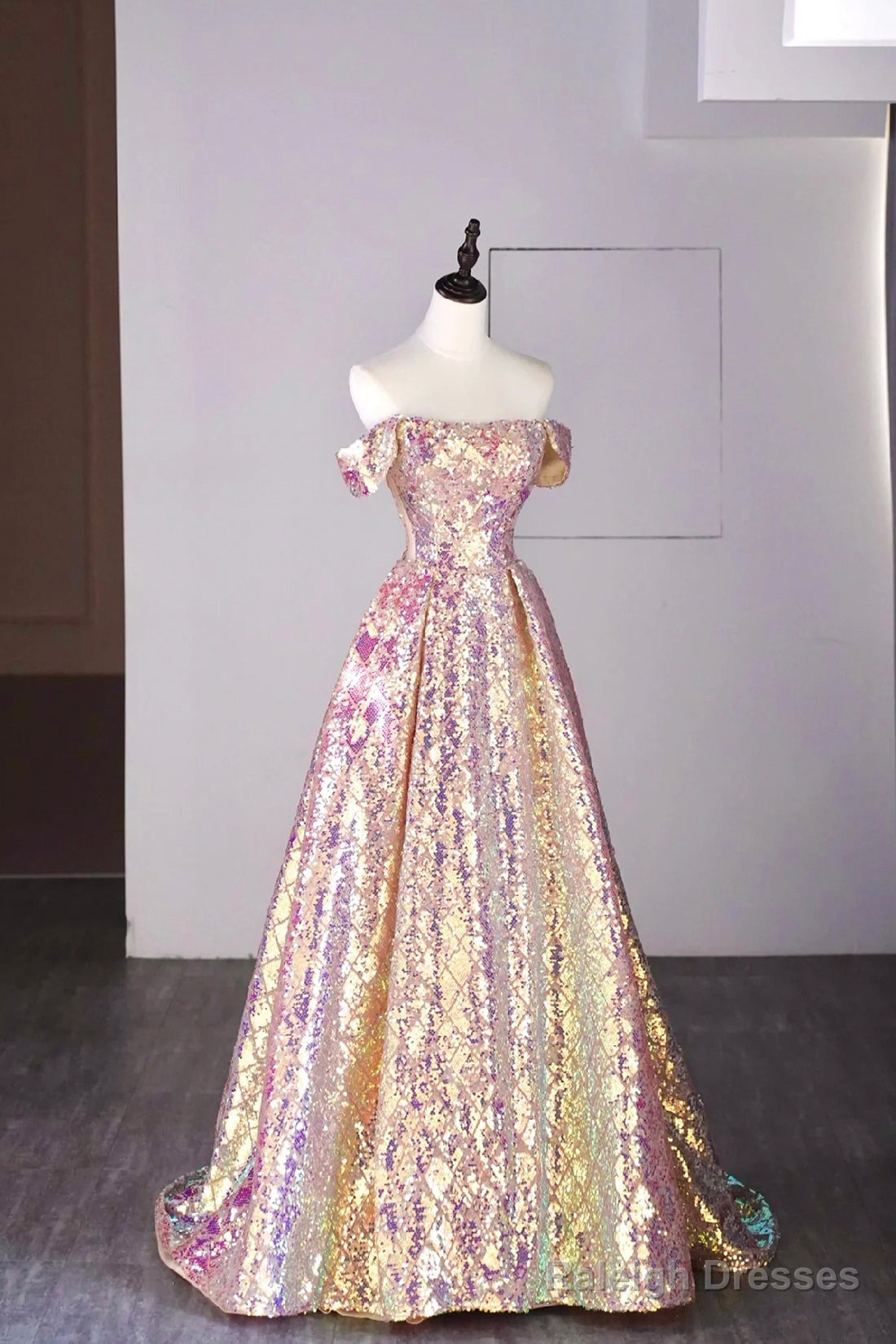 Shiny Sequins Floor Length Prom Dress, Off The Shoulder Evening Party Dress