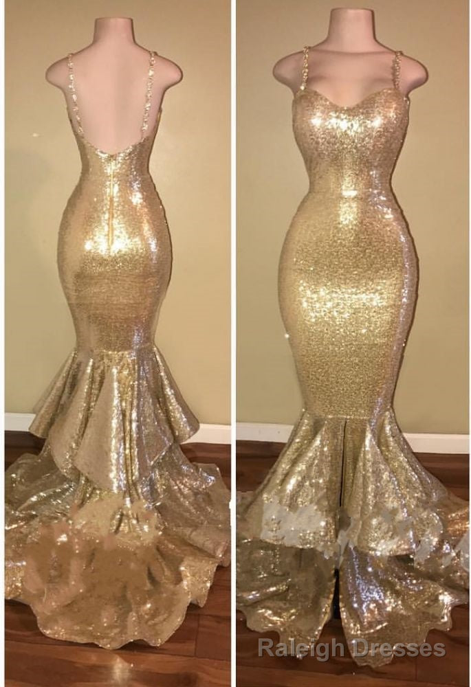 Shiny Sequins Mermaid Spaghettis-Straps Layers-Train Gold Prom Dresses Secondary image