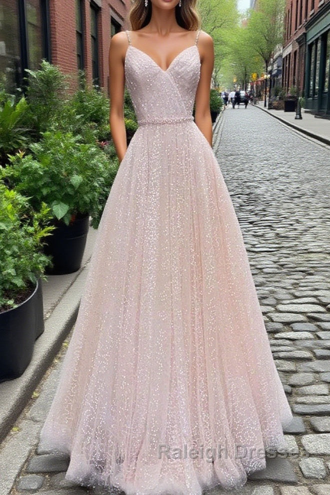 Shiny Sequins V Neck Pink Long Prom Dress, V Neck Pink Formal Graduation Evening Dress