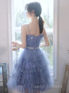 Shiny Short Puffy Blue Prom Dress A-Line Puffy Homecoming Dress