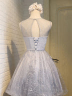 Shiny Silver Gray Short Lace Prom Dresses, Silver Gray Lace Short Homecoming Graduation Dresses