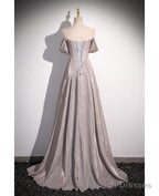 Shiny Silver Simple Long Pleats Prom Dress with Off Shoulder Straps