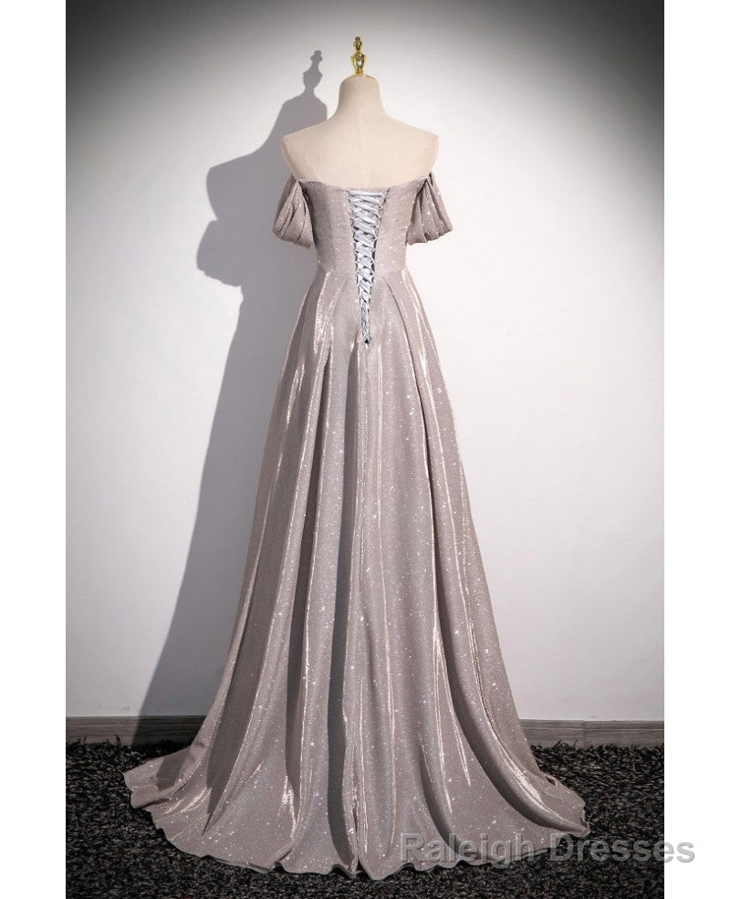 Shiny Silver Simple Long Pleats Prom Dress with Off Shoulder Straps