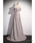 Shiny Silver Simple Long Pleats Prom Dress with Off Shoulder Straps