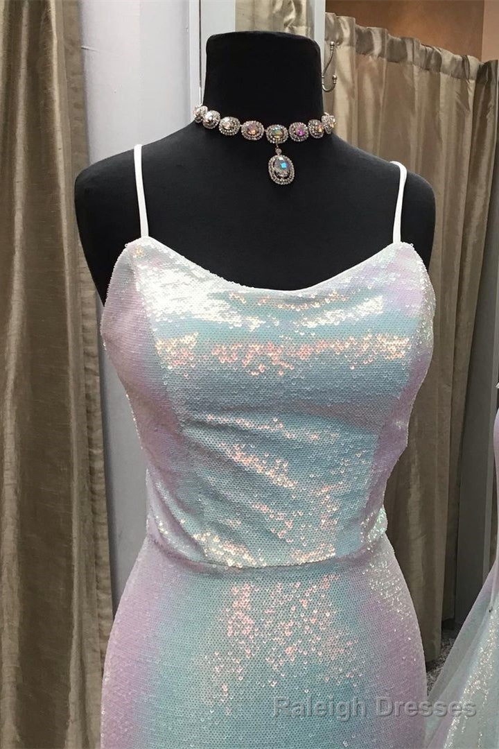 Shiny Spaghetti Straps Mermaid Sequin Long Prom Dresses Secondary image