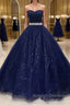 Shiny Strapless Dark Blue Long Prom Dresses, Dark Blue Long Formal Evening Gown
