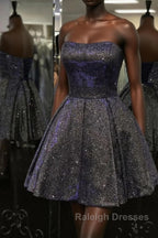 Shiny Strapless Open Back Short Black Prom Dress, Open Back Black Homecoming Dress, Black Formal Evening Dress