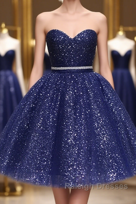 Shiny Strapless Sweetheart Neck Blue Short Prom Homecoming Dresses with Belt Sparkly Blue Prom Dresses Main image