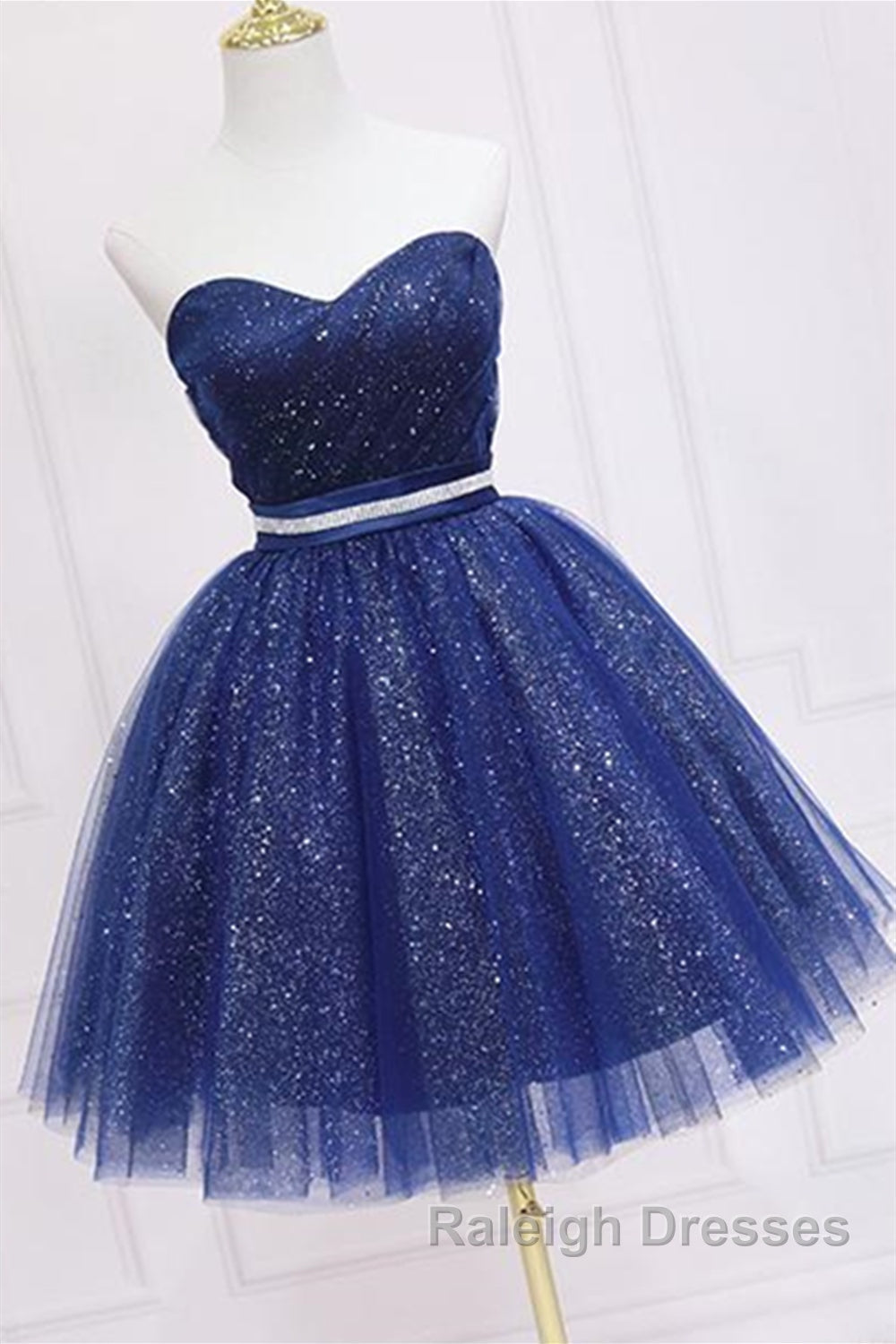 Shiny Strapless Sweetheart Neck Blue Short Prom Homecoming Dress with Belt, Sparkly Blue Formal Evening Dress Secondary image