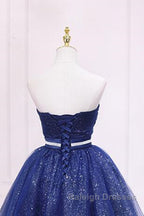 Shiny Strapless Sweetheart Neck Blue Short Prom Homecoming Dresses with Belt Sparkly Blue Prom Dresses