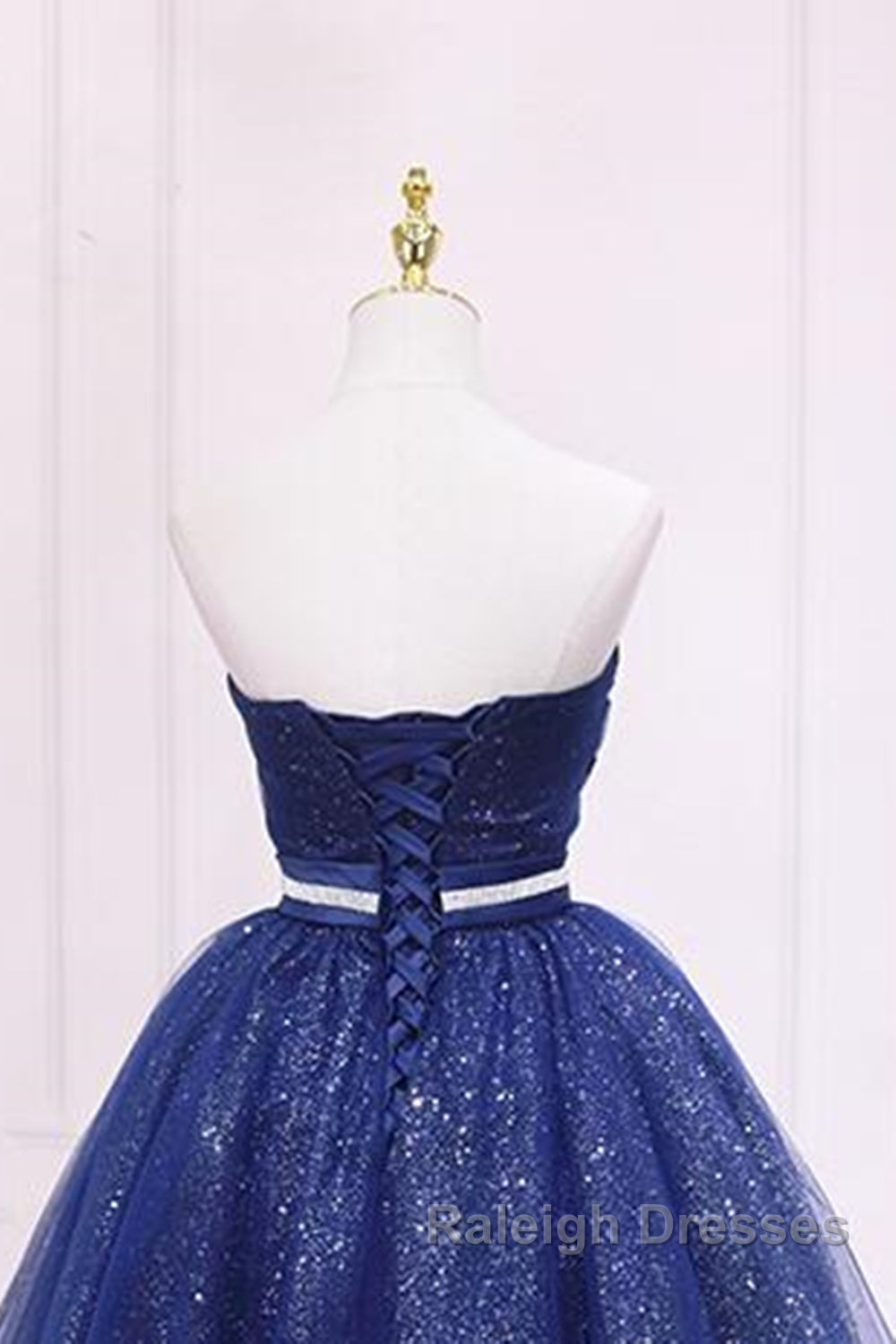 Shiny Strapless Sweetheart Neck Blue Short Prom Homecoming Dresses with Belt Sparkly Blue Prom Dresses