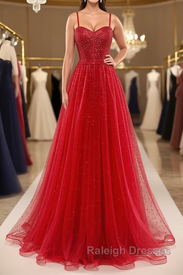 Shiny Sweetheart Neck Red Tulle Beaded Long Prom Dresses, Open Back Red Tulle Formal Graduation Evening Dresses Main image
