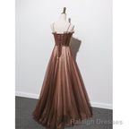 Shiny Tulle Beaded Long Straps Floor Length Prom Dress, A Line Prom Gowns