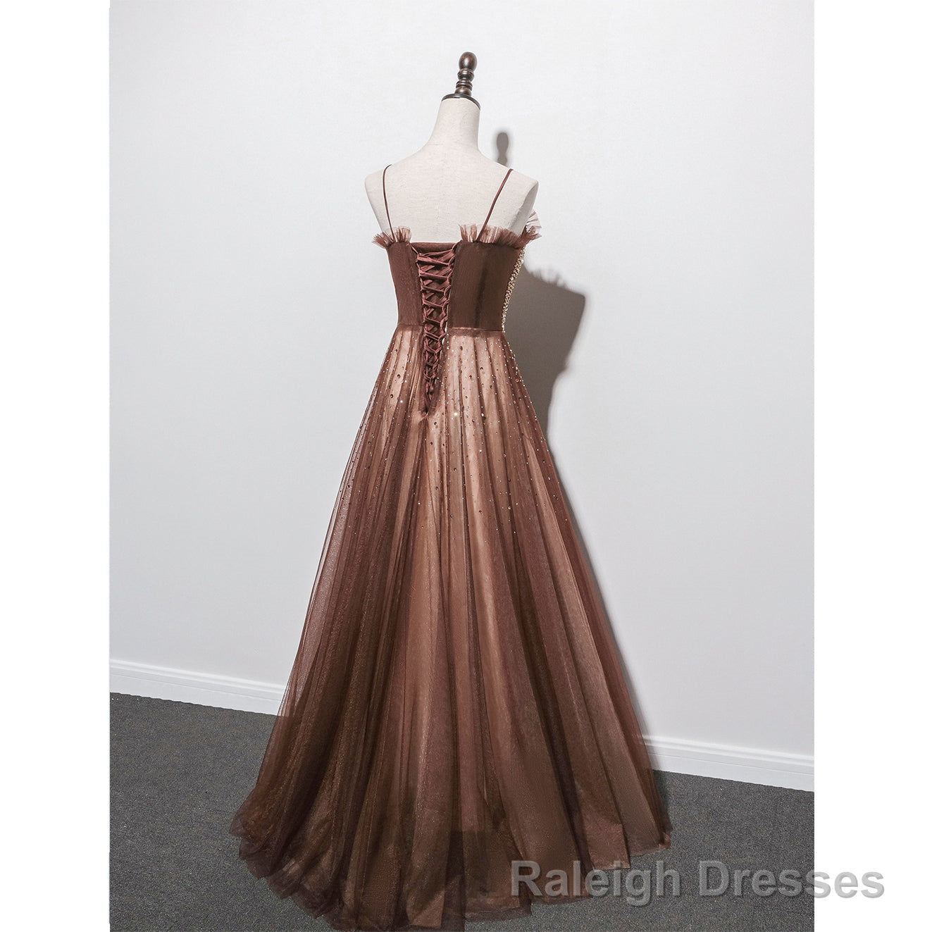 Shiny Tulle Beaded Long Straps Floor Length Prom Dress, A Line Prom Gowns