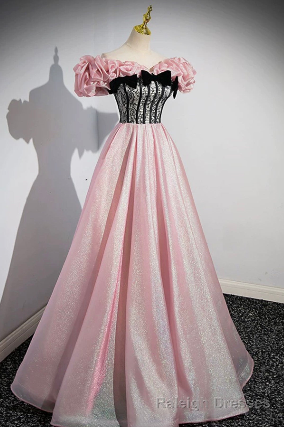 Shiny Tulle Long A-Line Pink Corset Prom Dress, Off the Shoulder Evening Party Dress Main image