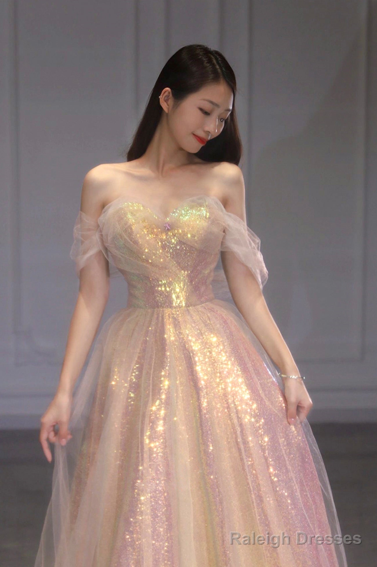 Shiny Tulle Long Prom Dress With Sequins, Off The Shoulder Evening Dress Secondary image
