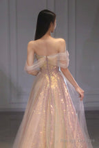 Shiny Tulle Long Prom Dress With Sequins, Off The Shoulder Evening Dress