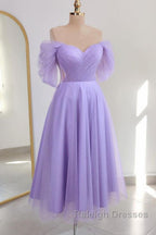 Shiny Tulle Off the Shoulder Tea Length Prom Dresses Homecoming Dresses Off Shoulder Prom Graduation Prom Dresses