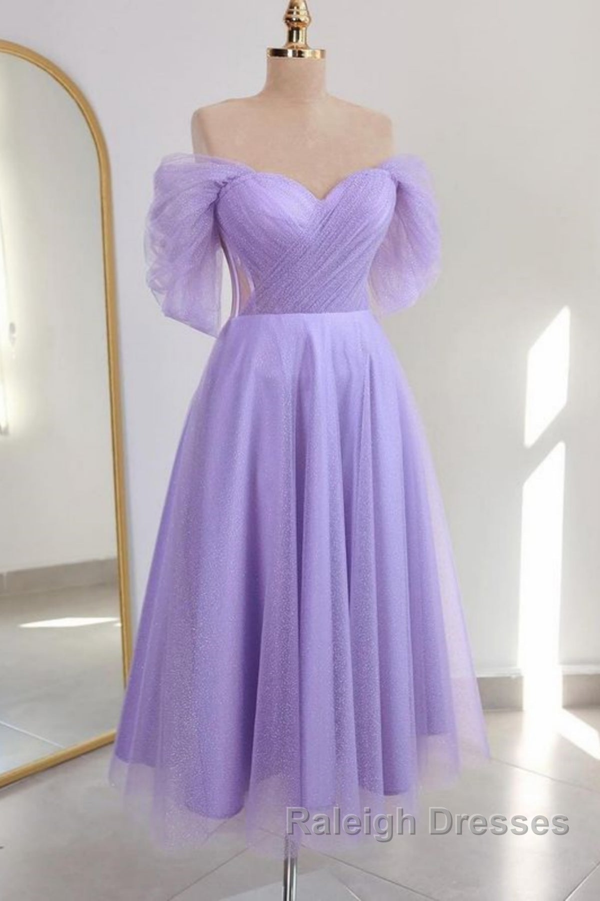 Shiny Tulle Off the Shoulder Tea Length Prom Dresses Homecoming Dresses Off Shoulder Prom Graduation Prom Dresses