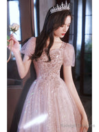 Shiny Tulle Pink Short Sleeves Sweetheart Prom Dress, A-Line Pink Tulle Evening Dress