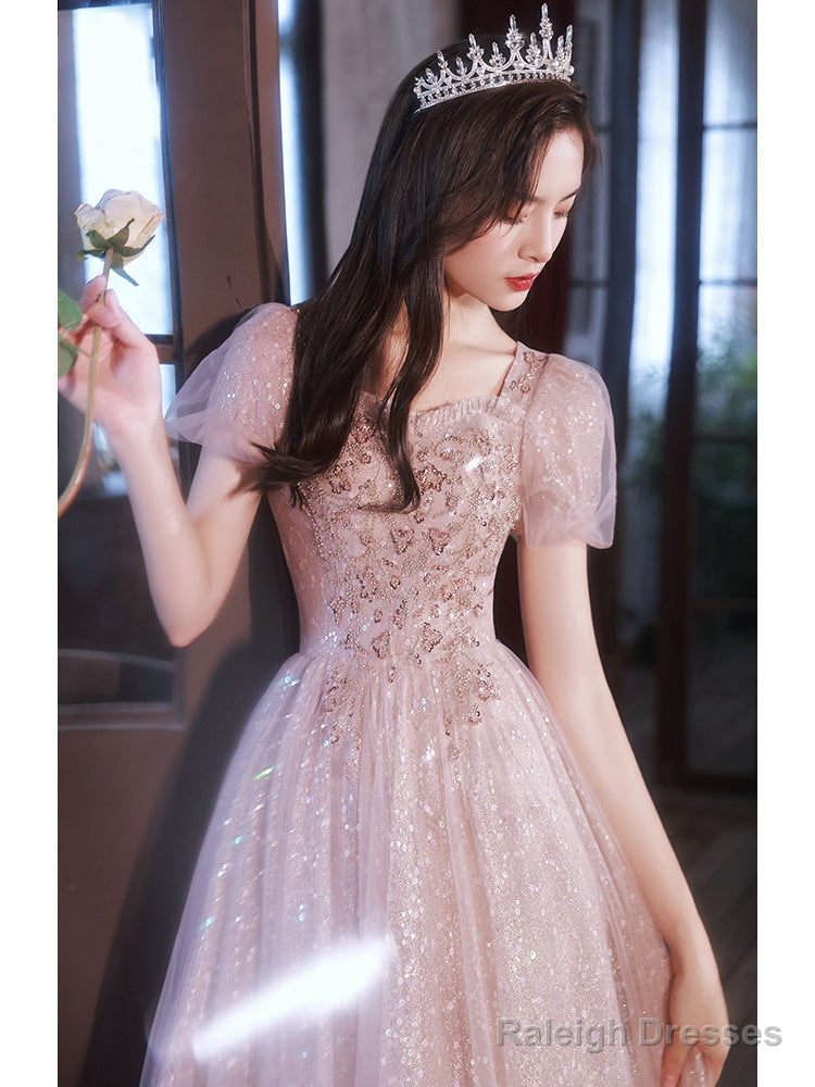 Shiny Tulle Pink Short Sleeves Sweetheart Prom Dress, A-Line Pink Tulle Evening Dress