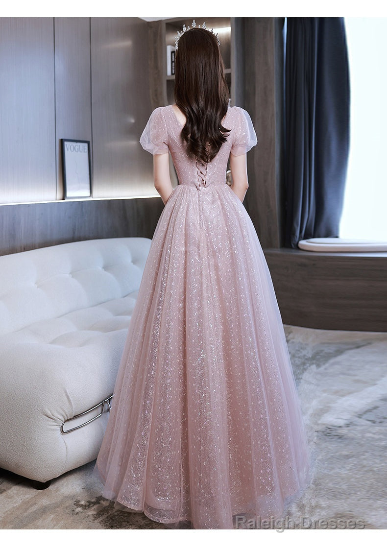 Shiny Tulle Pink Short Sleeves Sweetheart Prom Dresses A-Line Pink Tulle Prom Dresses
