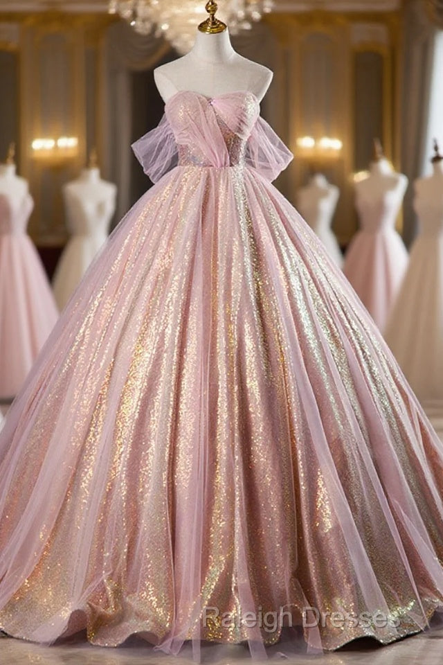 Shiny Tulle Sequins Long Prom Dress, Beautiful Pink Formal Dress Sweet 16 Dress Main image