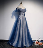 Shiny tulle sequins long prom dress blue evening dress