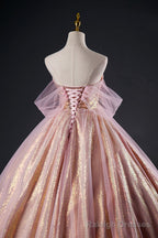 Shiny Tulle Sequins Long Prom Dress, Pink Formal Dress Sweet 16 Dress