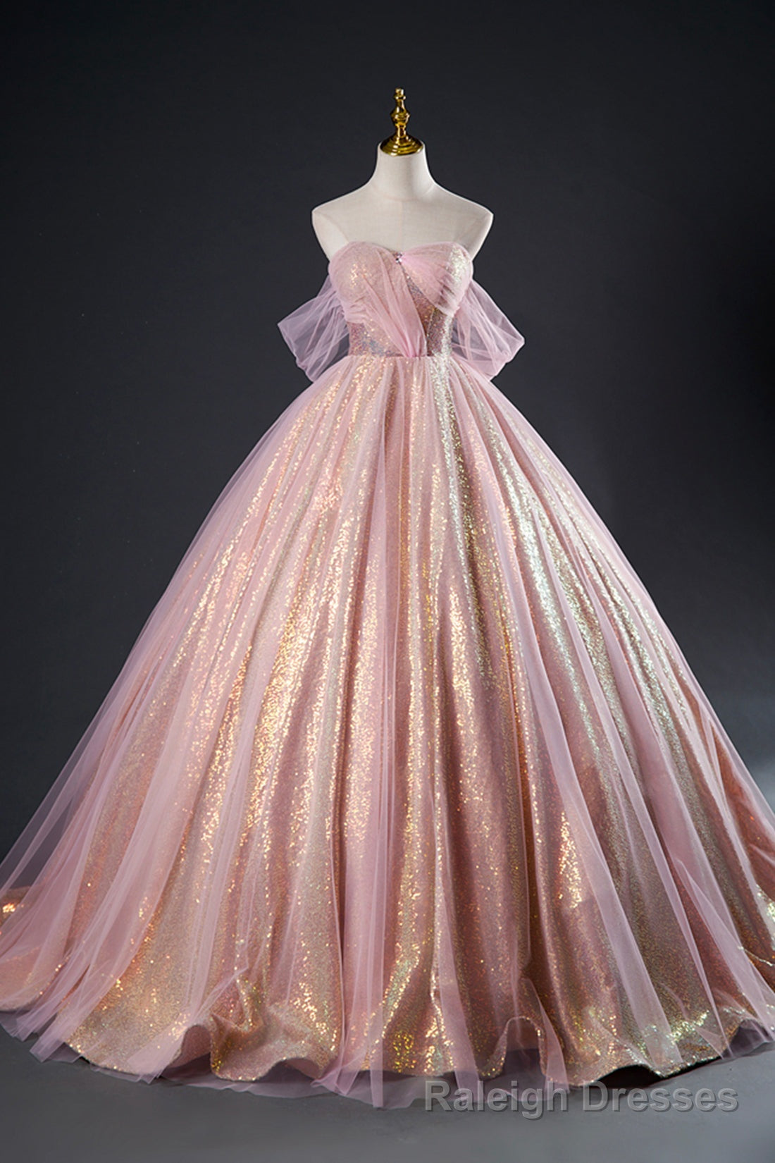 Shiny Tulle Sequins Long Prom Dress, Pink Formal Dress Sweet 16 Dress Secondary image