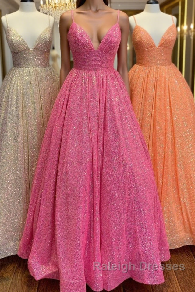 Shiny Tulle V Neck Backless Hot Pink/Orange/Champagne Long Prom Dresses, Backless Hot Pink/Orange/Champagne Formal Graduation Evening Dresses