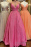 Shiny Tulle V Neck Backless Hot Pink/Orange/Champagne Long Prom Dresses, Backless Hot Pink/Orange/Champagne Formal Graduation Evening Dresses