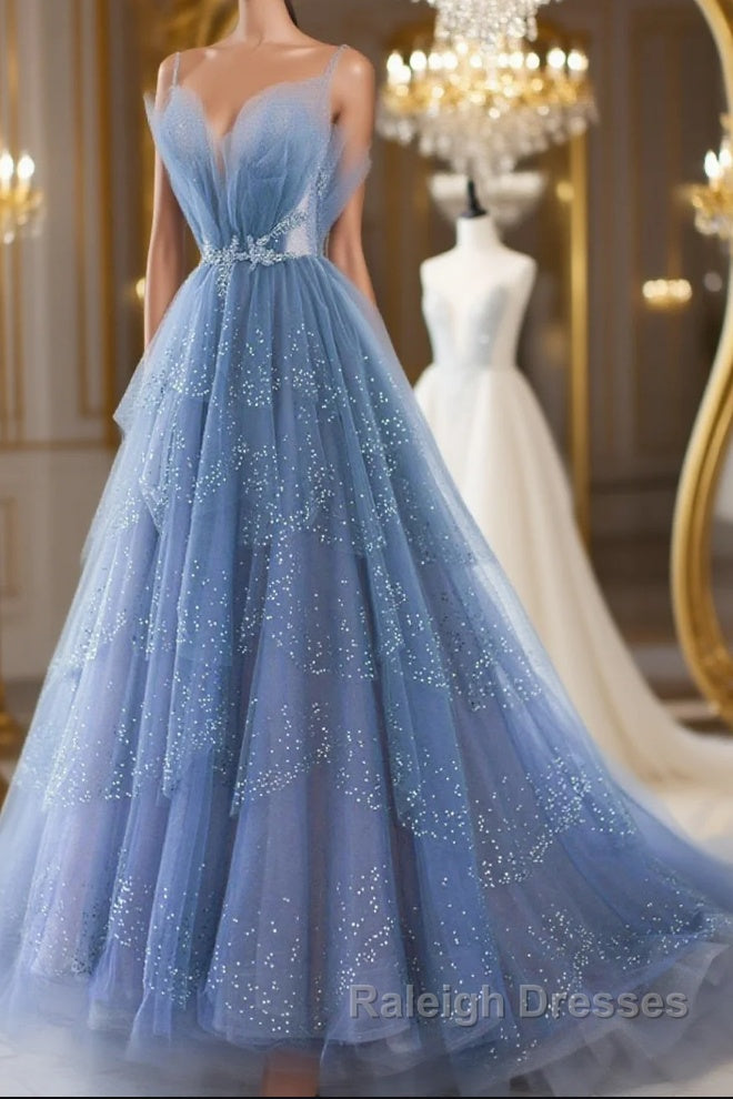Shiny Tulle V Neck Blue Long Prom Dress, Blue Tulle Formal Evening Dress, Blue Ball Gown