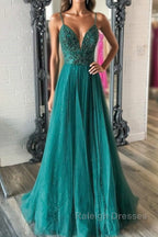 Shiny V Neck Backless Beaded Green Tulle Long Prom Dress, Green Lace Formal Dress, Beaded Evening Dress