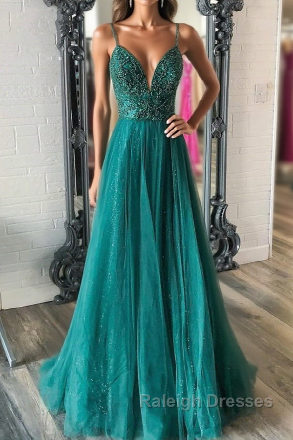Shiny V Neck Backless Beaded Green Tulle Long Prom Dresses Green Lace Prom Dresses Beaded Prom Dresses Main image