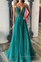 Shiny V Neck Backless Beaded Green Tulle Long Prom Dresses Green Lace Prom Dresses Beaded Prom Dresses