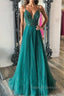 Shiny V Neck Backless Beaded Green Tulle Long Prom Dresses Green Lace Prom Dresses Beaded Prom Dresses