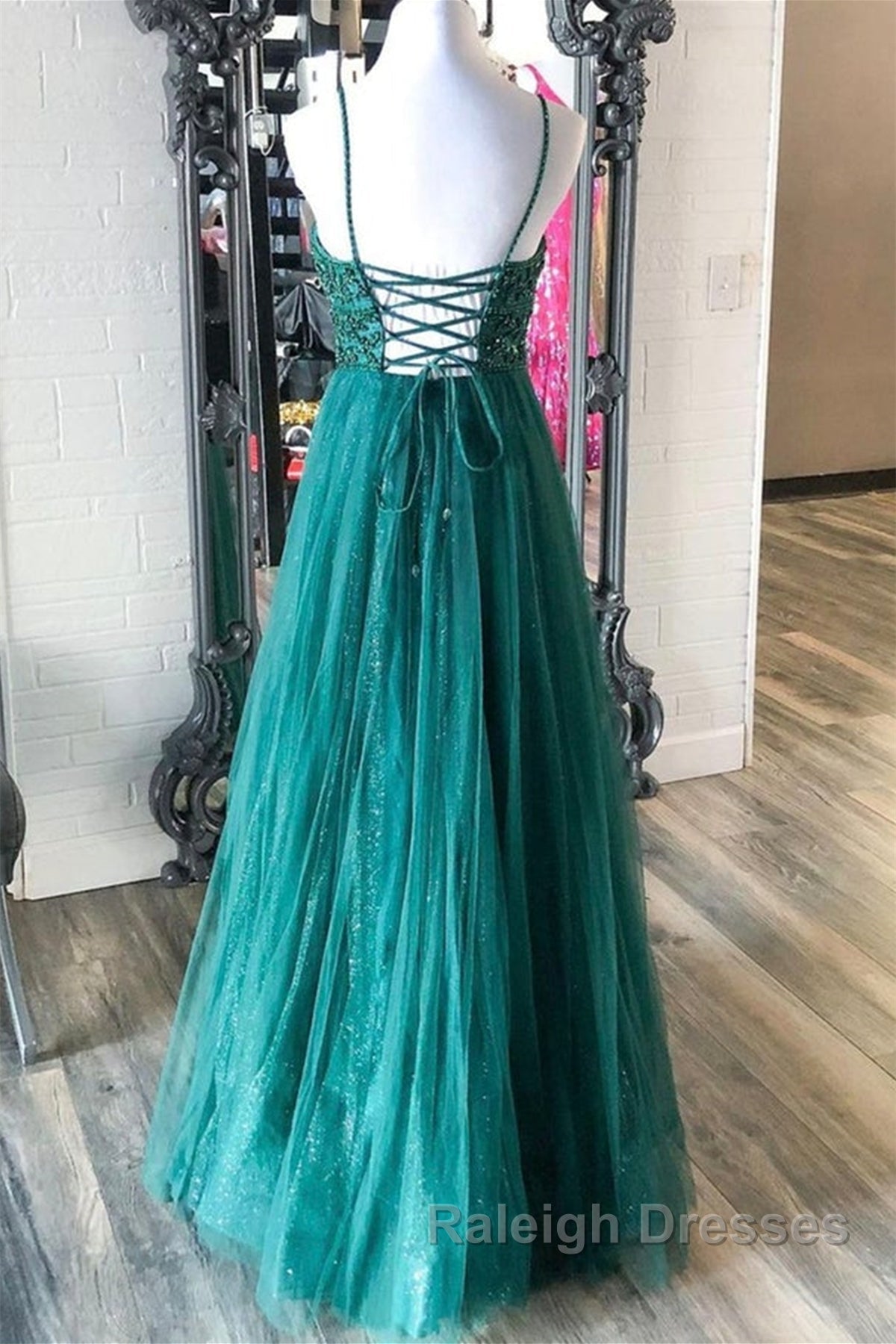 Shiny V Neck Backless Beaded Green Tulle Long Prom Dresses Green Lace Prom Dresses Beaded Prom Dresses Secondary image