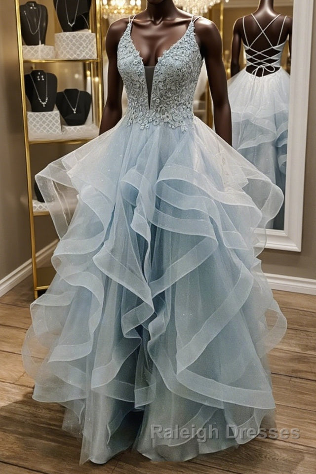 Shiny V Neck Backless Fluffy Blue Long Prom Dresses, V Neck Blue Formal Dresses, Blue Lace Evening Dresses Main image