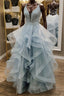 Shiny V Neck Backless Fluffy Blue Long Prom Dress V Neck Blue Prom Dress Blue Lace Prom Dress