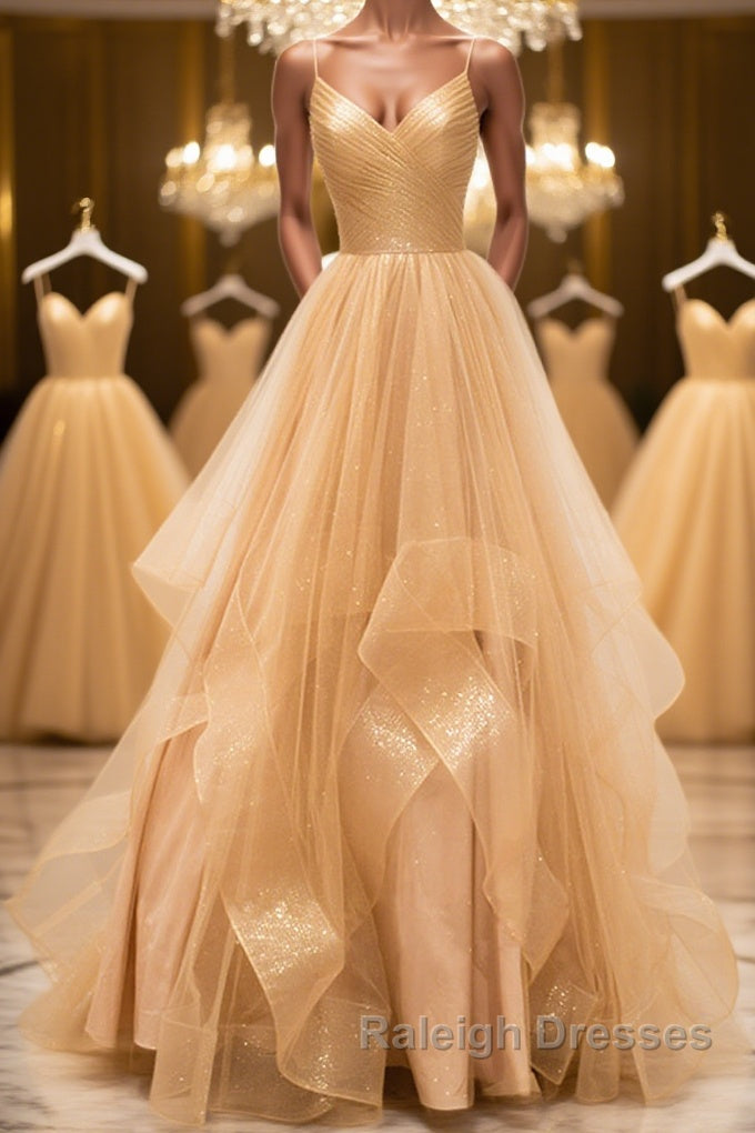 Shiny V Neck Backless Golden Long Prom Dress, Backless Golden Formal Dress, Golden Evening Dress Main image