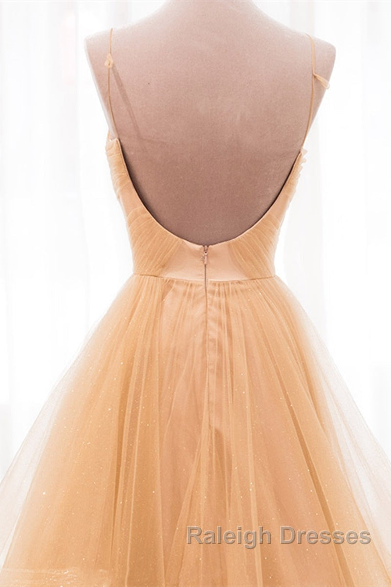 Shiny V Neck Backless Golden Long Prom Dress, Backless Golden Formal Dress, Golden Evening Dress