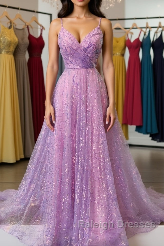 Shiny V Neck Backless Long Purple Prom Dress, Backless Lilac Formal Graduation Evening Dress Main image